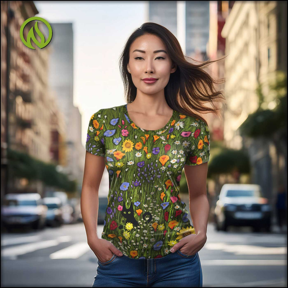 Flower Cat Scoop Neck Tech Shirt for Women - Running and Yoga Top