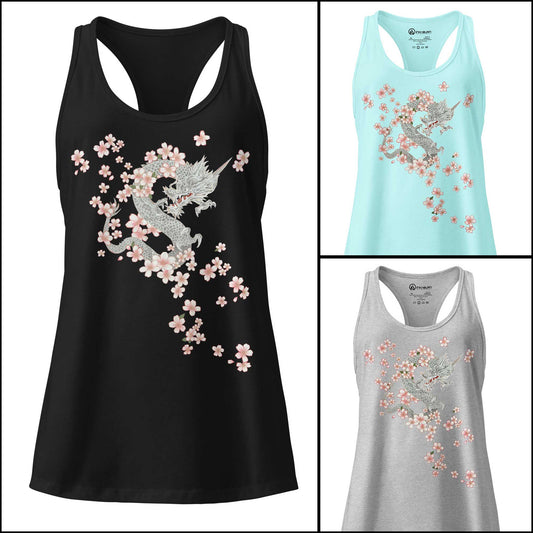 Sakura Dragon Racerback Tank Top for Women - Cherry Blossom Design