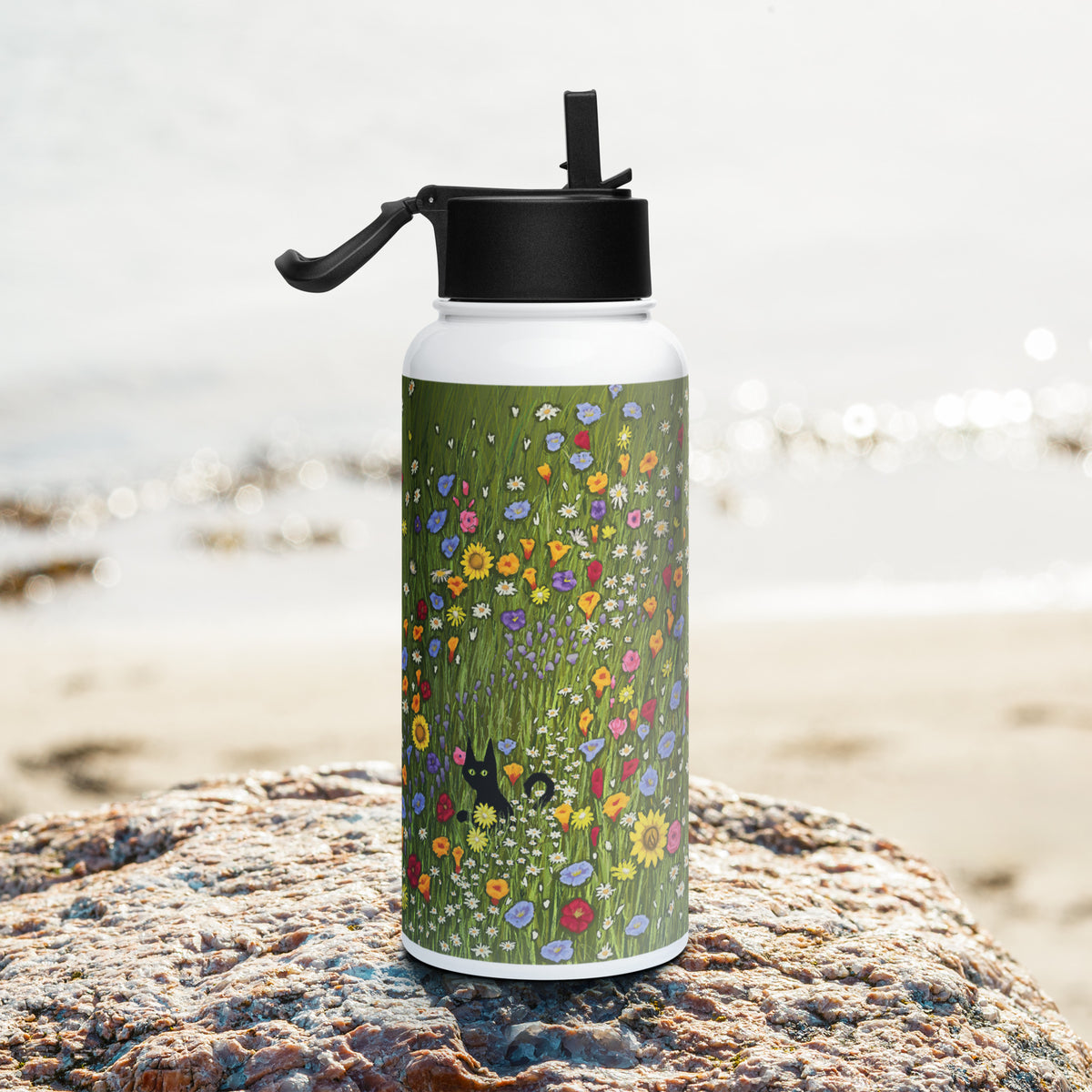 Flower Cat 32oz Stainless Steel Water Bottle with Straw Lid